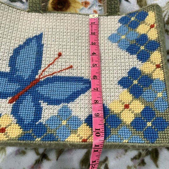 Vintage 70s Handmade Needlepoint Floral Butterfly Tote Bag Handbag Purse - Picture 6 of 7